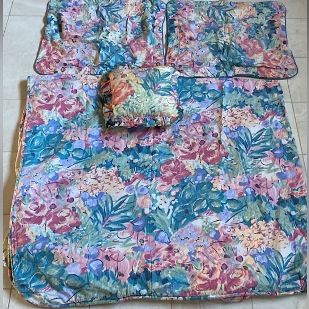 Watercolor Monet Like Colorful GRN Floral QUEEN Duvet Cover 2 Shams & Pillow SET